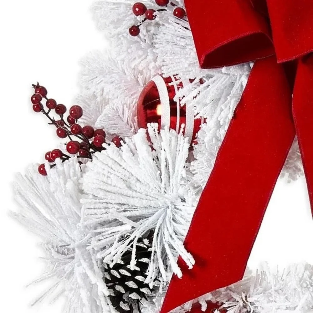 NEW Pinecone and Red Ornaments Christmas Wreath with Red Bow, 28 Inch Wide